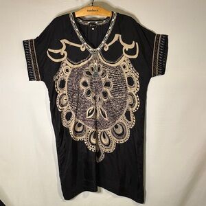 Johnny Was Biya Brown Silk Dress Embroidered Short Sleeve Size Small